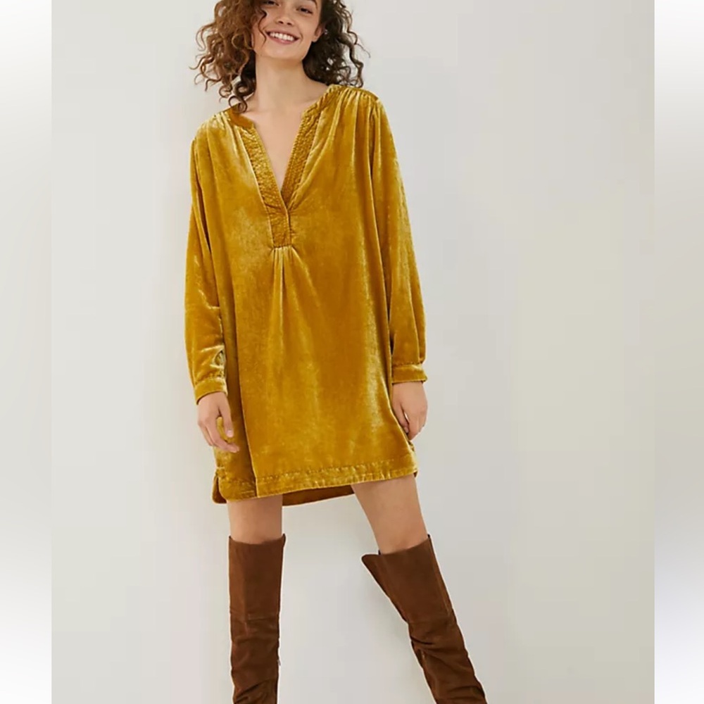 Anthropologie Melody Velvet Tunic Dress M Mustard Yellow